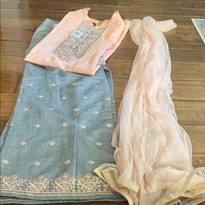 Elegant Peach and Blue Embroidered Suit